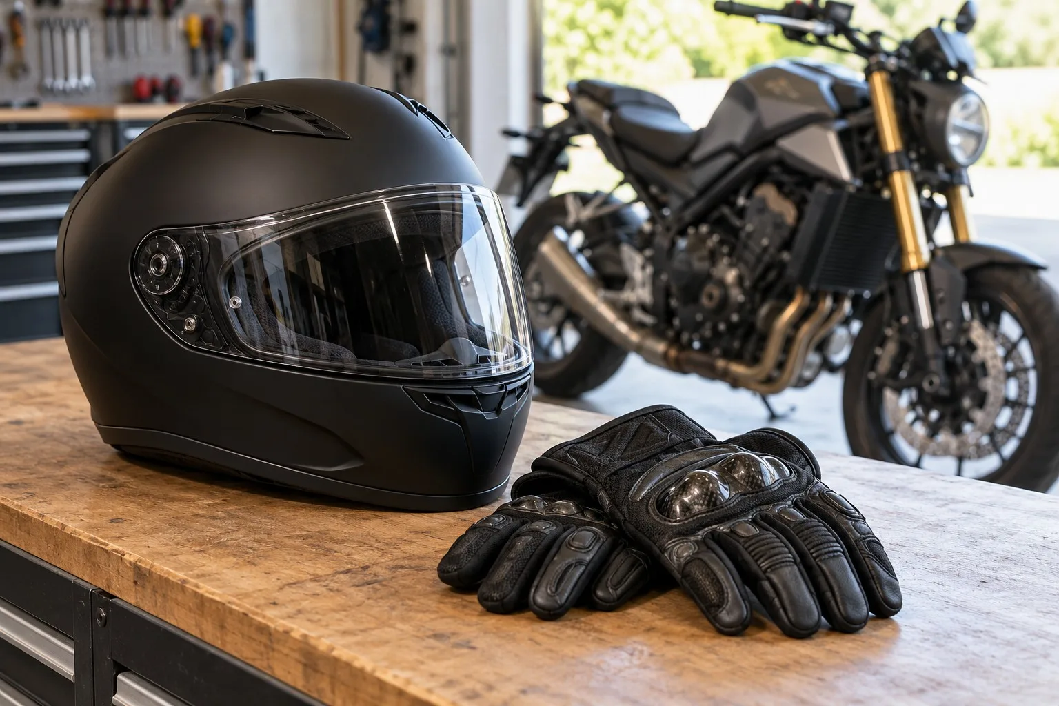 Unbeschrifteter Motorradhelm und Handschuhe auf einer Werkbank vor einem abgestellten Motorrad.